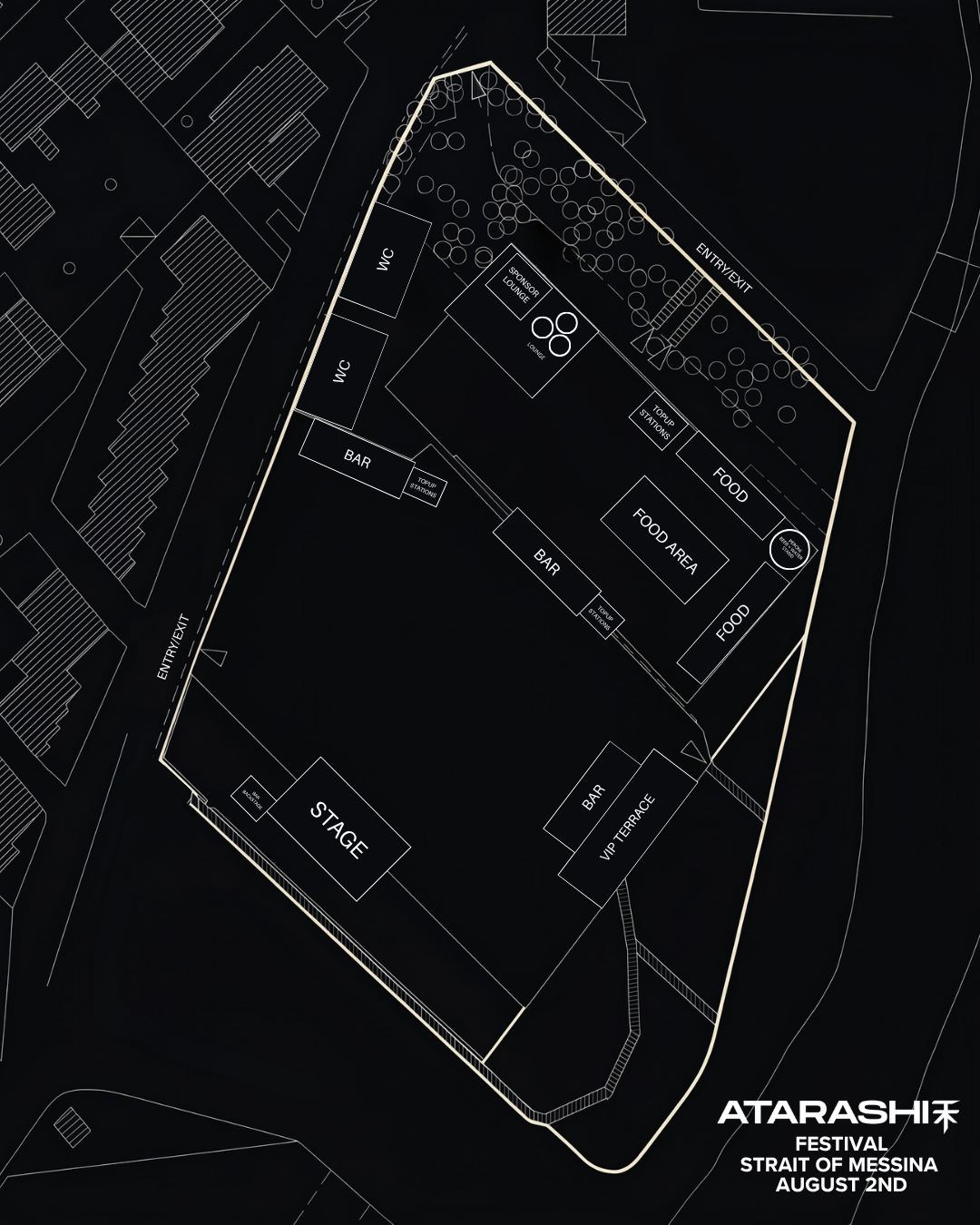 Festival site plan — Arena Capo Peloro, Messina: stage, bars, food area, top-up stations, VIP terrace, sponsor lounge, toilets and entry/exit points